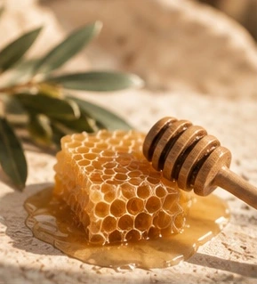 Golden honeycomb and a wooden honey dipper in natural light