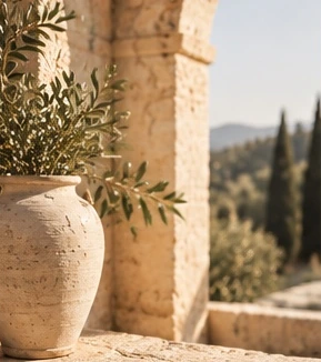 Olive branches and a stoneware vase in a sunlit archway
