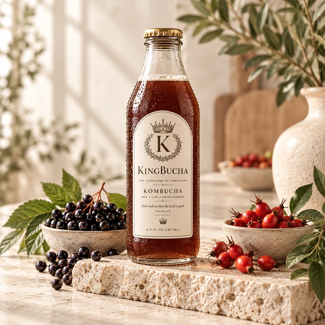 A KingBucha bottle styled with elderberries and rose hips