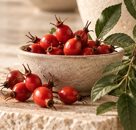 Red rose hips and green leaves on warm limestone