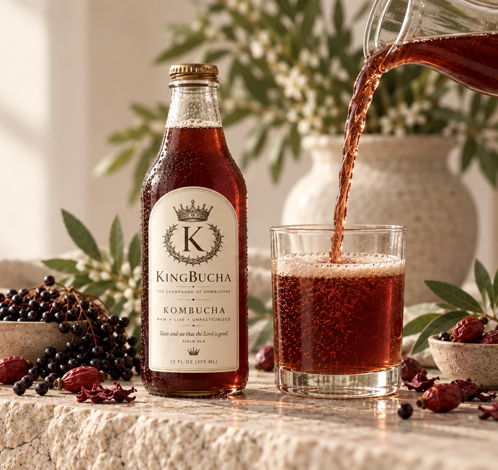 Deep reddish-brown KingBucha being poured into a glass, with a fine layer of bubbles